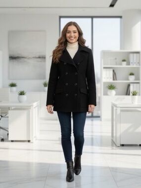 Old Navy Black Winter Brushed Wool Peacoat Warm Snow Travel Coat Outdoors